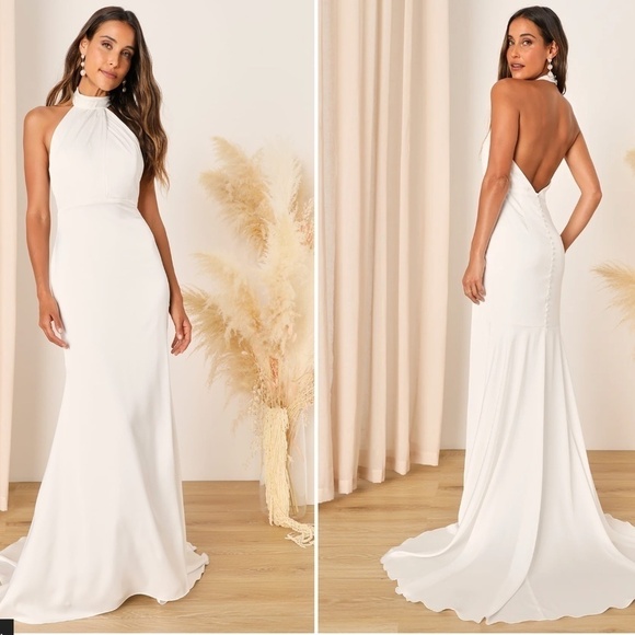 LULU's Bridal Elegant Satin Backless Classy High Neck Mermaid Trumpet Maxi Gown - Picture 1 of 3